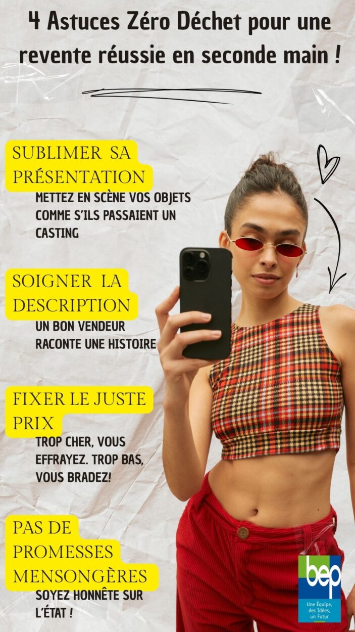 4 Conseils pour exposer vos trésors Vendre en seconde main sur le net, ce n’est pas balancer une photo floue d’un vieux mixer sur une nappe tâchée. Non, c’est du théâtre qui se décline en 4 actes : 1:Donnez envie Mettez en scène vos objets comme s’ils passaient un casting. Lumière naturelle, fond neutre, plusieurs angles… 2:Soignez vos descriptions Un bon vendeur raconte une histoire. « Canapé trois places qui a vu des soirées mémorables mais reste vaillant. » Soyez honnête sur l’état, précisez les dimensions, marque, année… et évitez les « à venir chercher rapidement » qui sentent l’ultimatum paniqué. 3:Fixez un prix juste Trop cher, vous effrayez. Trop bas, vous bradez. Allez voir ce que les autres proposent, ajustez et laissez une petite marge pour la négociation. 4:Les erreurs à éviter Pas de fautes d’orthographe à répétition, pas de messages en majuscules, pas de promesses mensongères. Et surtout, ne soyez pas flou ou lent à répondre : un bon vendeur est aussi un bon communicant.